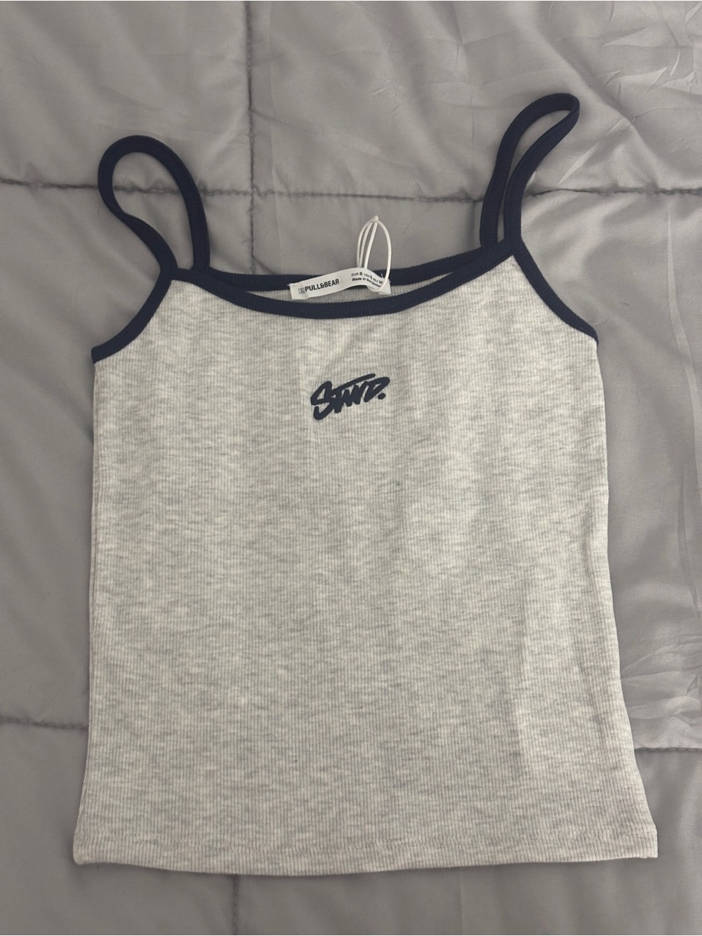 PULL&BEAR Grey Ribbed Tank with Blue Trim
